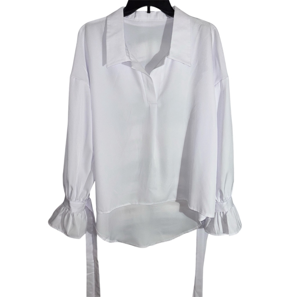White Oversized Hi-Lo Blouse with Ruffled Cuffs & Tie Sleeves Boutique Size - Picture 4 of 11